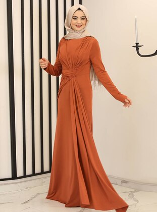 Brick Red - Fully Lined - Crew neck - Modest Evening Dress - Fashion Showcase Design