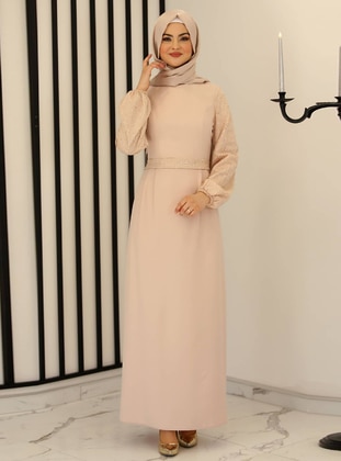 Stone Color - Fully Lined - Crew neck - Modest Evening Dress - Fashion Showcase Design