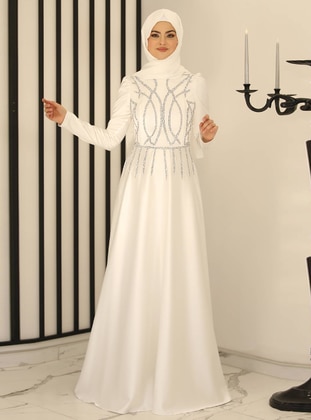Ecru - Fully Lined - Crew neck - Modest Evening Dress - Fashion Showcase Design