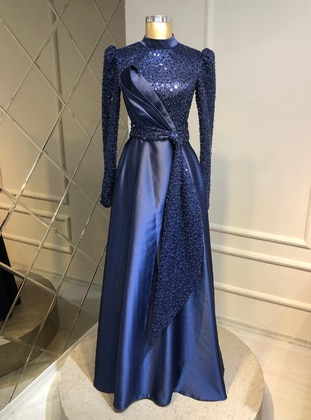 Navy Blue - Fully Lined -  - Modest Evening Dress - Burak Baran Fashion