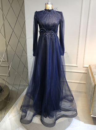 Navy Blue - Fully Lined -  - Modest Evening Dress - Burak Baran Fashion