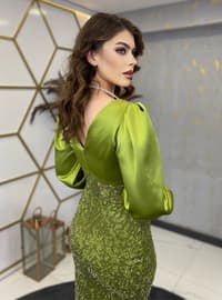 Fully Lined - Pistachio Green - V neck Collar - Evening Dresses