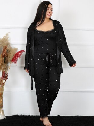 Black - Floral - Plus Size Pyjamas  - Akbeniz