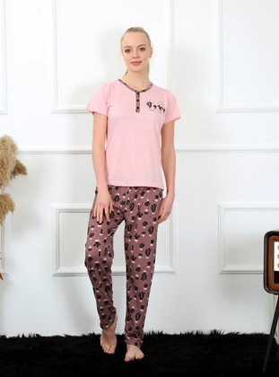 Pink - Crew neck - Multi - Pyjama Set  - Akbeniz
