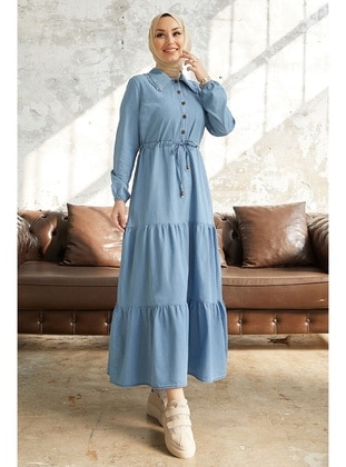Light Blue - Round Collar - Unlined - Modest Dress - InStyle
