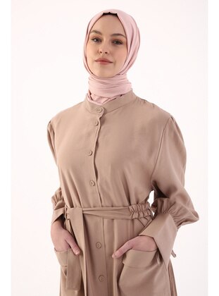 Camel01 Belt Detailed Abaya With Navyng Detail On The Sleeve