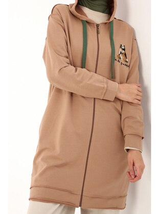  Beige Embroidered Hooded Zippered Combed Cotton Cardigan Coat