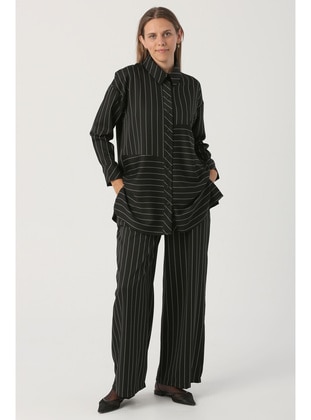 Black Striped Shirt Tunic Trouser Set