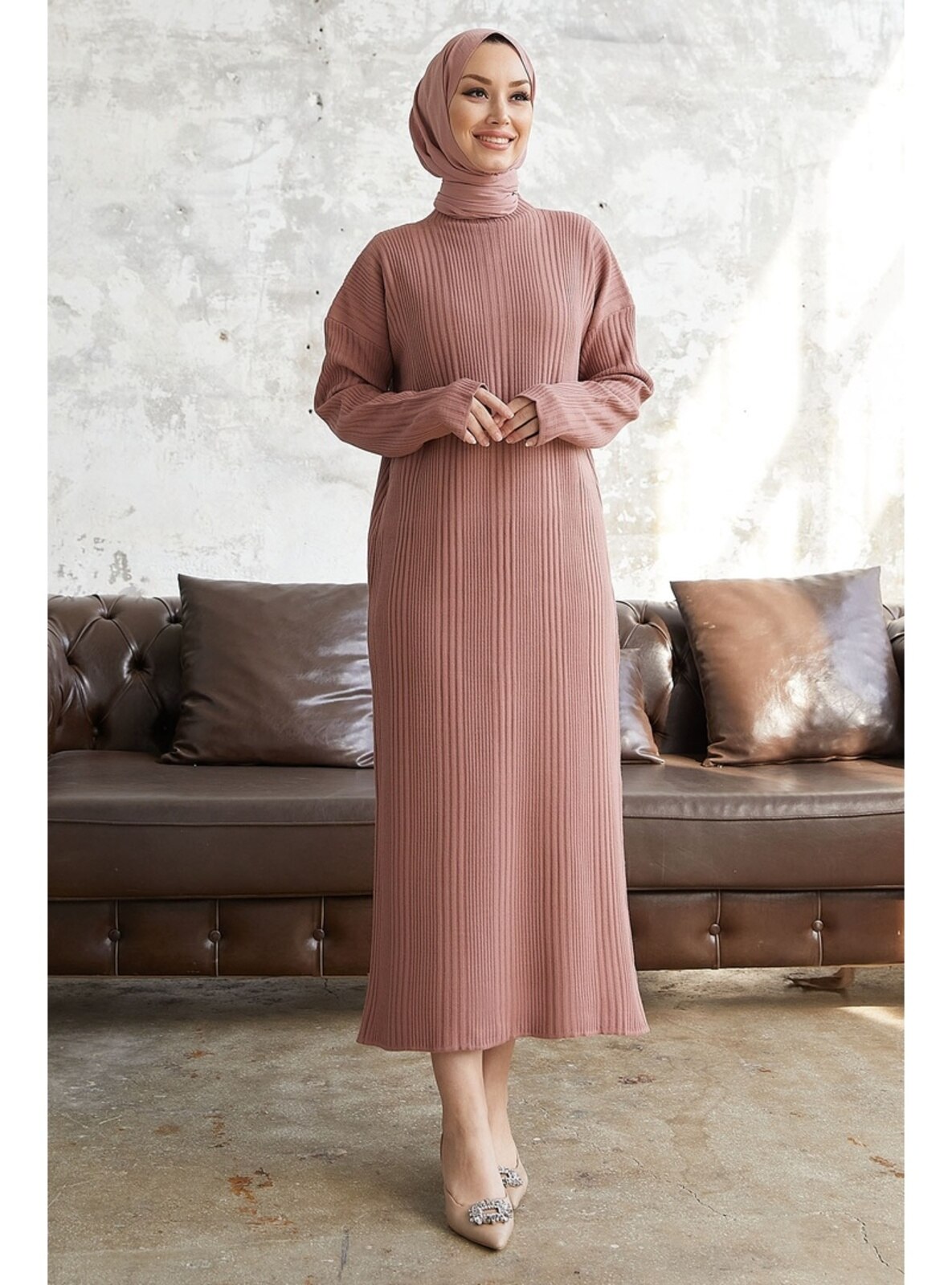 Dusty Rose - Unlined - Polo neck - Knit Dresses