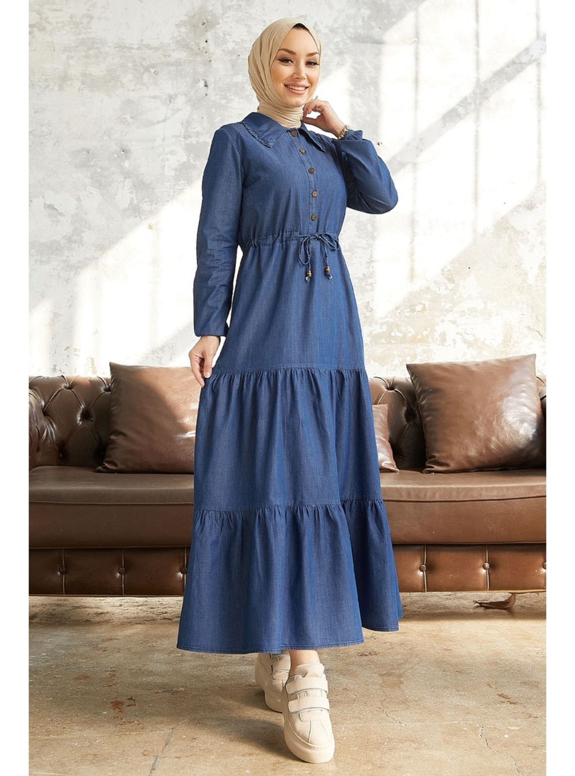 Blue - Round Collar - Unlined - Modest Dress