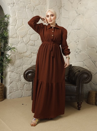 Brown - Brown - Point Collar - Point Collar - Unlined - Unlined - Modest Dress  - Modaefa