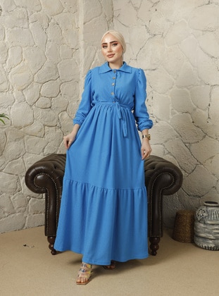 Blue - Point Collar - Unlined - Modest Dress  - Modaefa