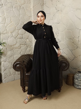 Black - Point Collar - Unlined - Modest Dress  - Modaefa