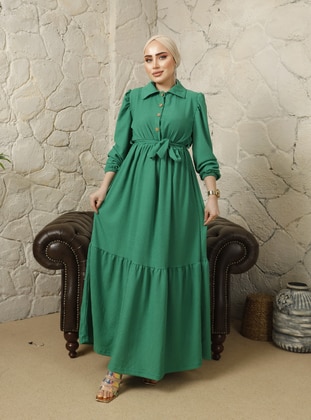 Green - Point Collar - Unlined - Modest Dress  - Modaefa