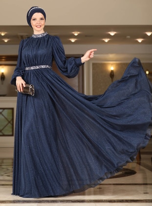 Navy Blue - Fully Lined -  - Modest Evening Dress - Ahunisa