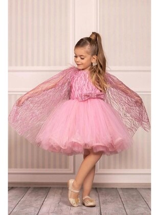 Girl's New Sequinayet Bead Embroidered Cape Puffy Tulle Pink Evening Dresses Pink