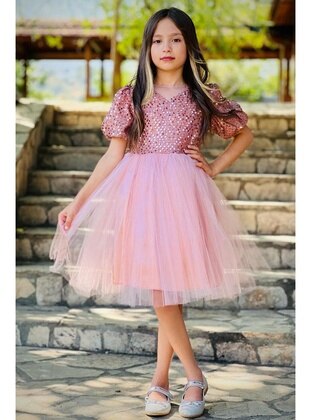 Girl's V-Neck Transparent Detailed Skirt Tulle Sequinayet Pink Evening Dresses Pink