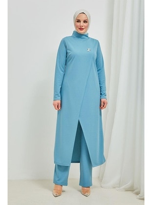 Blue - Unlined - Suit - Burcu Fashion
