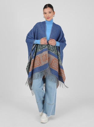 Blue - Blue Patterned - Crew neck - Fully Lined - Poncho - GINA LOREN