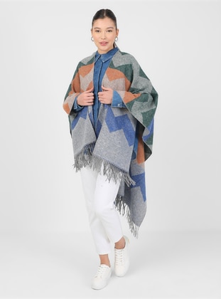 Blue - Blue Patterned - Crew neck - Fully Lined - Poncho - GINA LOREN
