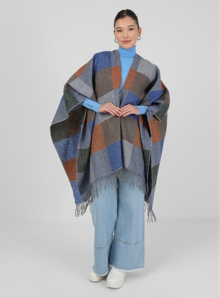 Multi Color - Crew neck - Fully Lined - Poncho - GINA LOREN