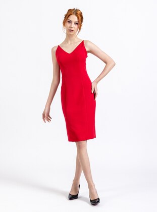 Fully Lined - Red - V neck Collar - Evening Dresses - ESCOLL