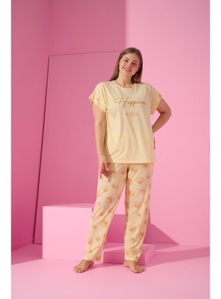 Yellow - Printed - Plus Size Pyjamas - Seboteks