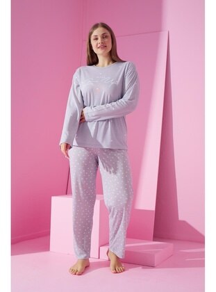 Grey - Printed - Plus Size Pyjamas - Seboteks