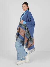 Blue - Blue Patterned - Crew neck - Fully Lined - Poncho