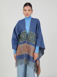 Blue - Blue Patterned - Crew neck - Fully Lined - Poncho