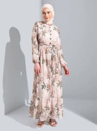 Khaki - Beige - Floral - Crew neck - Fully Lined - Modest Dress