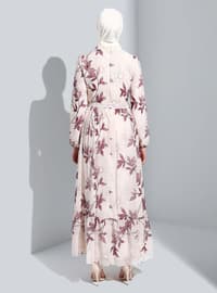Purple - Cream - Floral - Crew neck - Fully Lined - Modest Dress