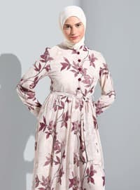 Purple - Cream - Floral - Crew neck - Fully Lined - Modest Dress