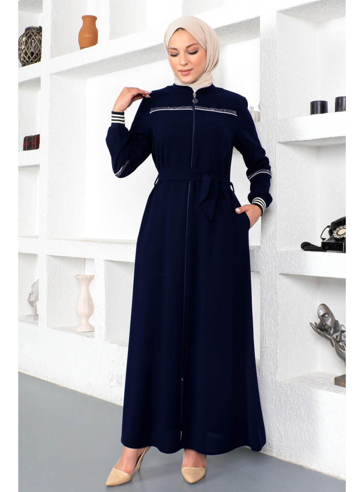 Navy Blue - Crew neck - Unlined - Plus Size Abaya