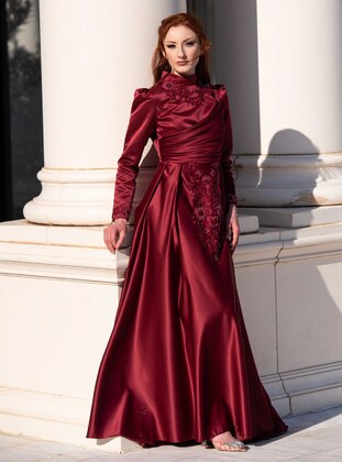 Burgundy - Fully Lined - Crew neck - Modest Evening Dress - Nurgül Çakır