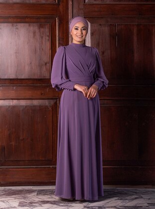 Lavender - Fully Lined - Crew neck - Modest Evening Dress - Nurgül Çakır