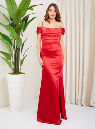 Half Lined - Red - Evening Dresses - Olcay