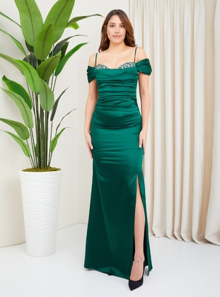 Half Lined - Green - Evening Dresses - Olcay