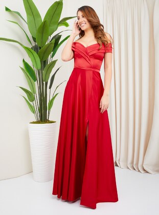 Half Lined - Red - Boat neck - Evening Dresses - Olcay