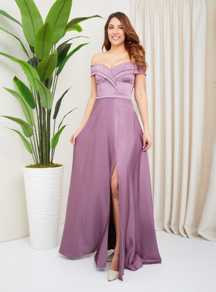 Half Lined - Dark Lilac - Boat neck - Evening Dresses - Olcay