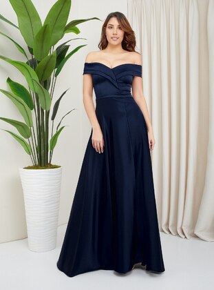 Half Lined - Navy Blue - Boat neck - Evening Dresses - Olcay