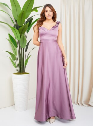 Half Lined - Dark Lilac - V neck Collar - Evening Dresses - Olcay