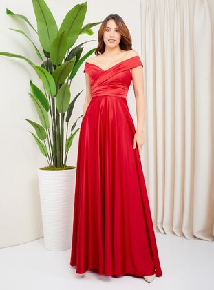Red - Half Lined - Boat neck - Evening Dresses - Olcay