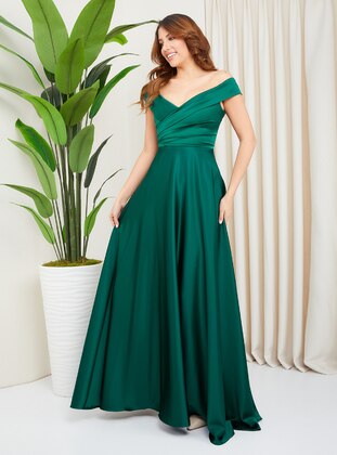 Green - Half Lined - Boat neck - Evening Dresses - Olcay