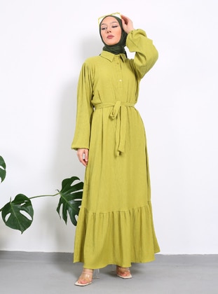 Olive Green - Cuban Collar - Modest Dress - Vav