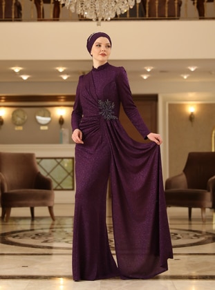 Purple - Fully Lined - Crew neck - Modest Evening Dress - Ahunisa