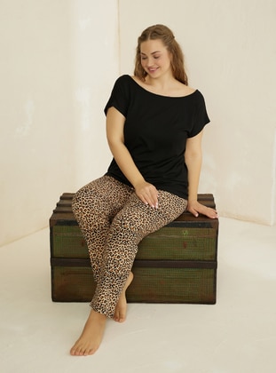Patterned - Leopard - Plus Size Pyjamas - Siyah inci