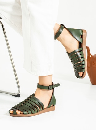 Khaki - Flat Sandals - Sandal - Pembe Potin