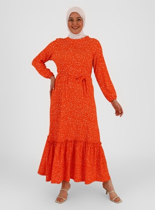 Orange - Multi - Unlined - Crew neck - Plus Size Dress - GELİNCE