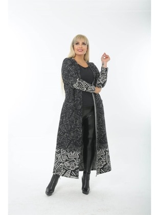 Gray Patterned Plus Size Long Cardigan